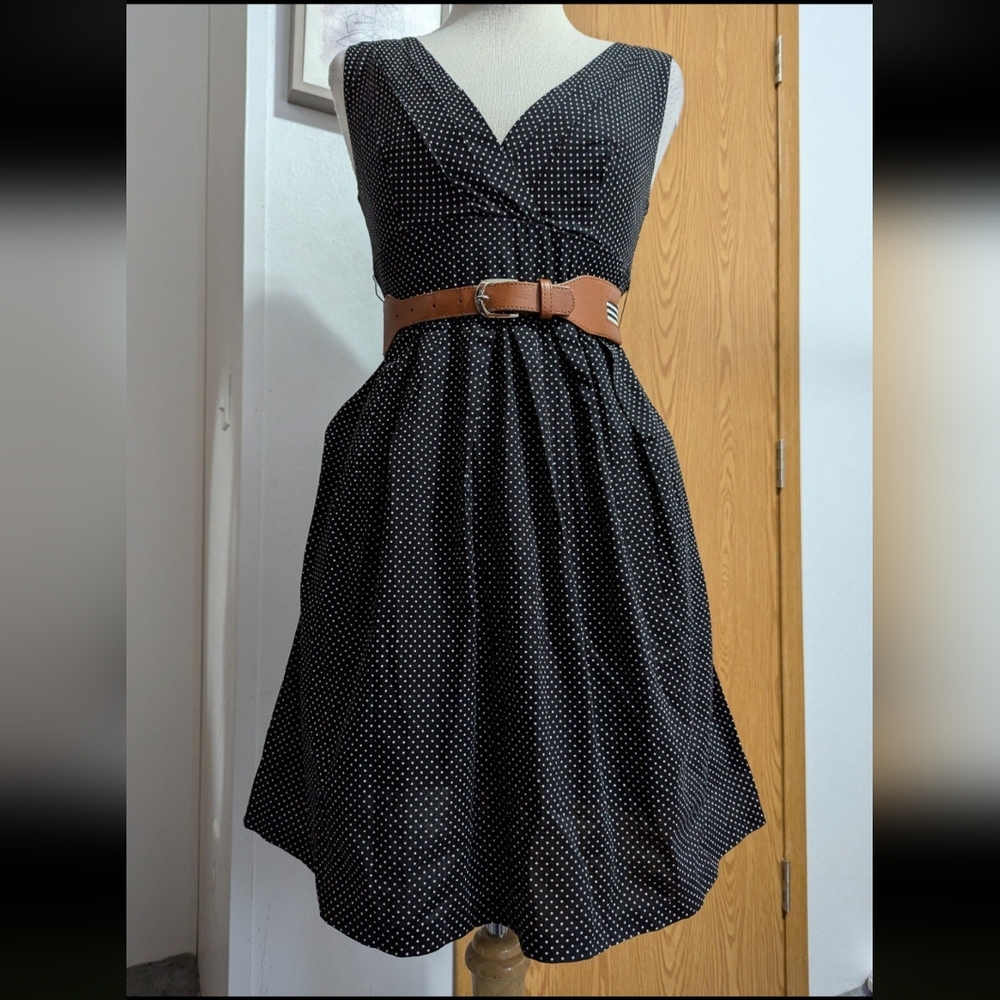 Black Polka Dot Dress with Belt And Pockets